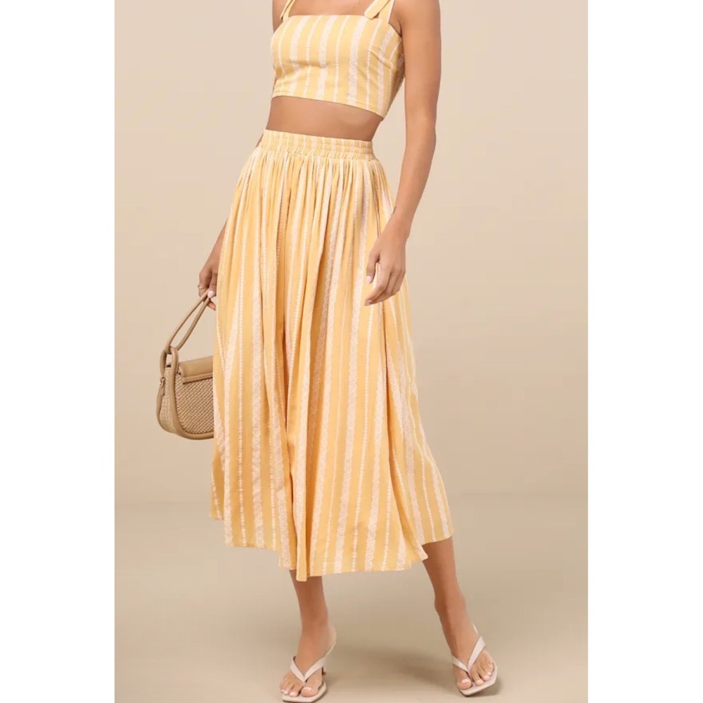 Lulus Cheerful Season Yellow Striped Floral Lace Maxi Skirt Pockets  Cottagecore